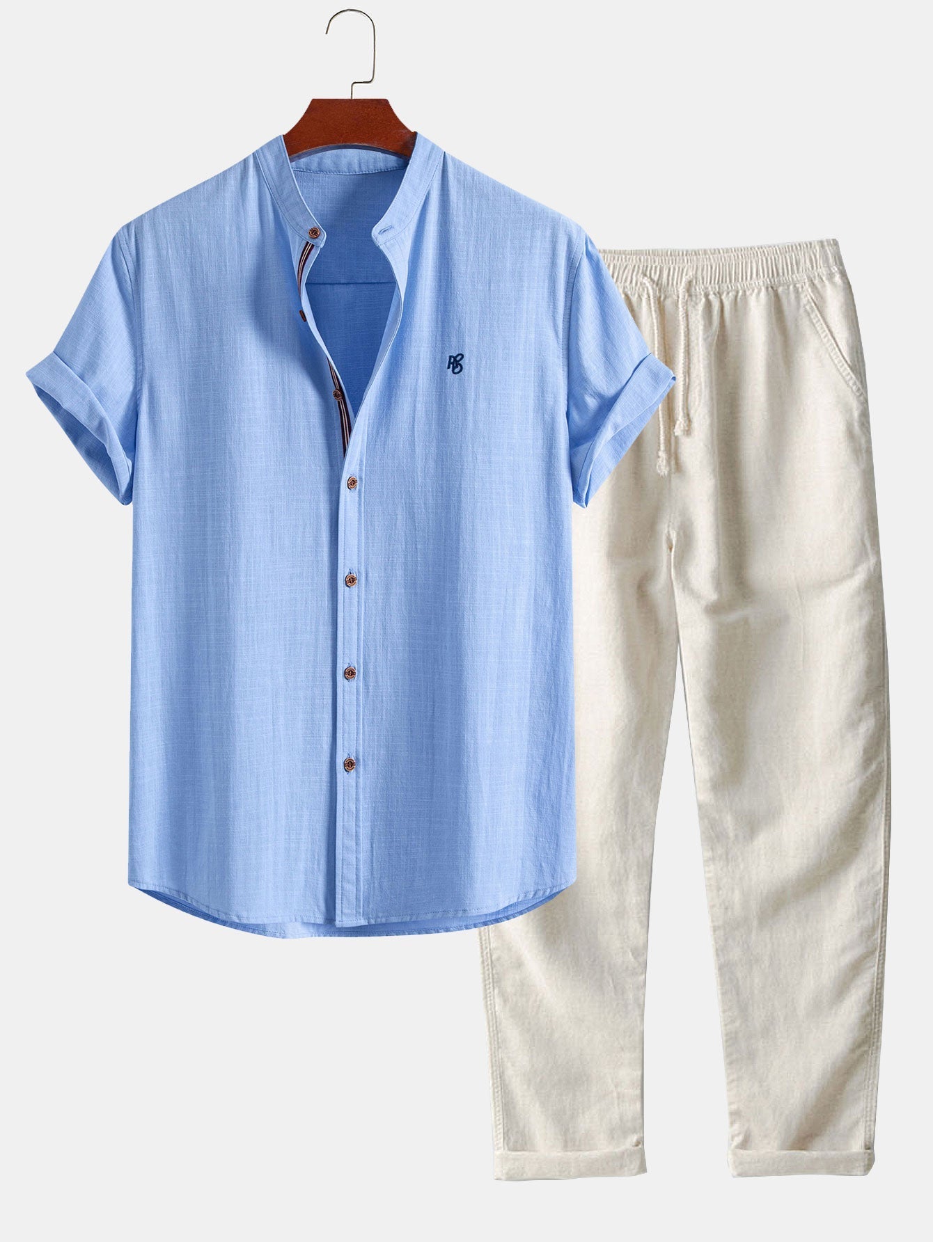 Short Sleeve Linen Look Stand Collar Shirt & Straight Leg Linen Pants