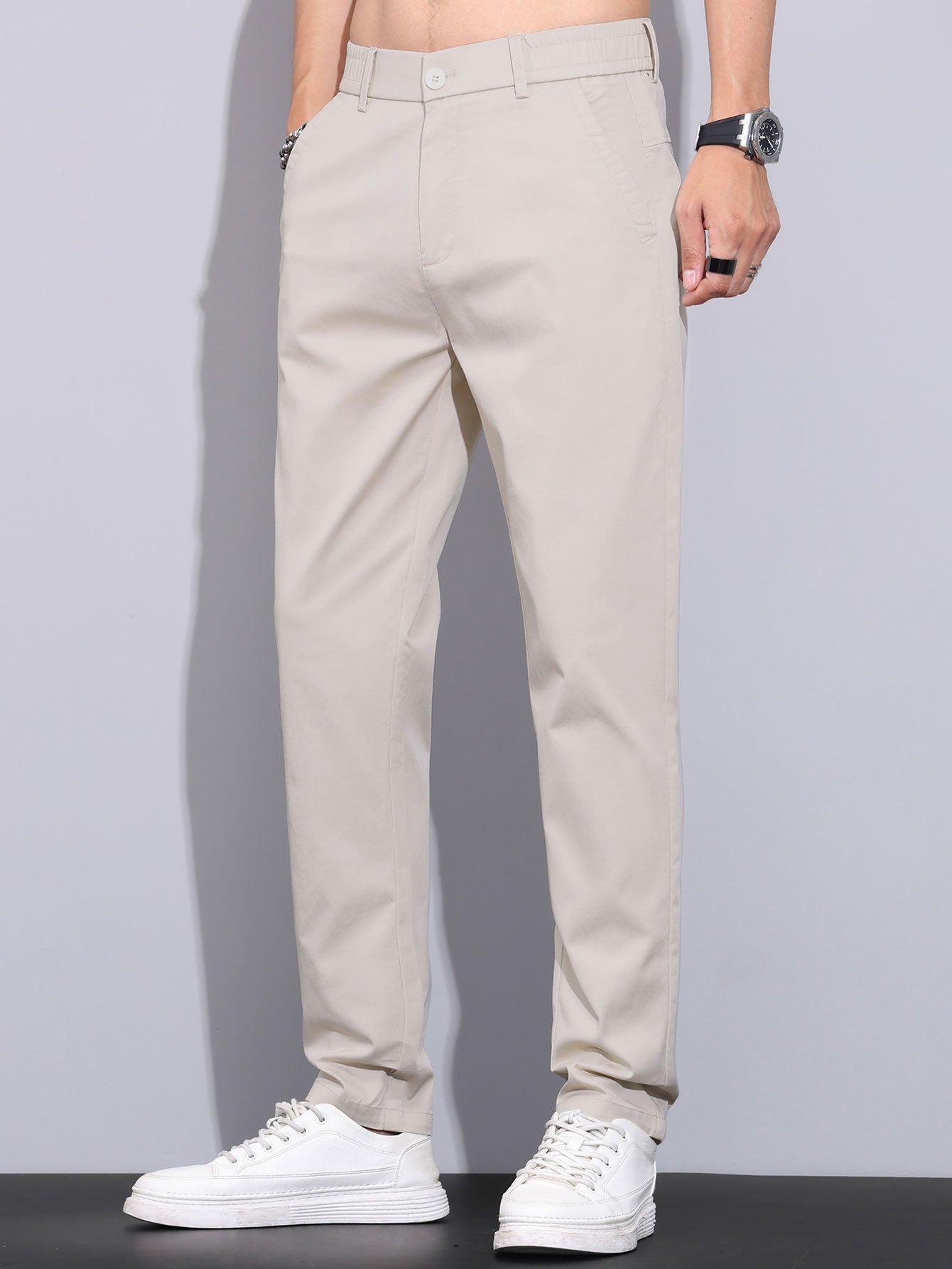 Contrast Trim Textured Zipper Knit Polo & Elastic Waist Straight Leg Trousers