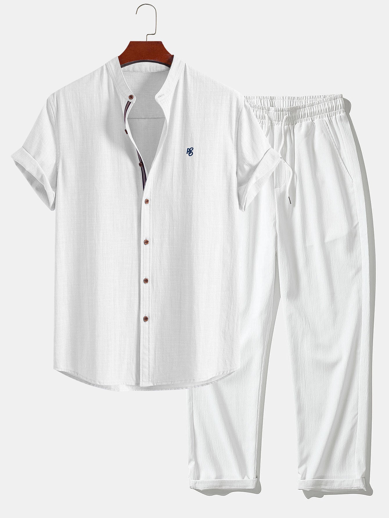 Short Sleeve Linen Look Stand Collar Shirt & Crinkle Textured Straight Leg Pants