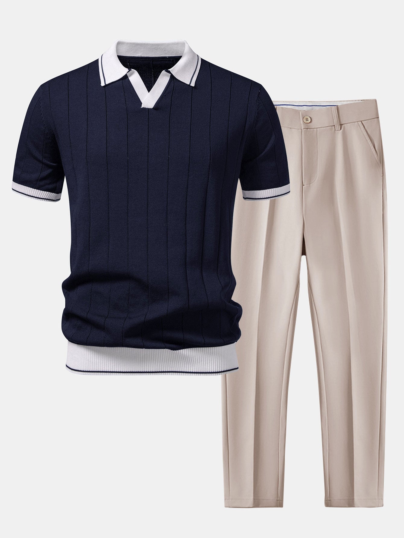 Contrast Trim Ribbed Johnny Collar Knit Polo & Slim Fit Tapered Trousers