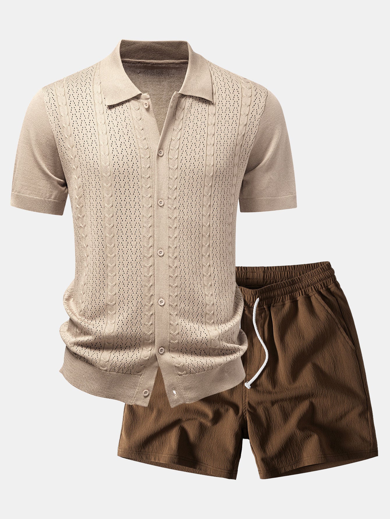 Twisted Jacquard Button Up Knit Shirt & Crinkle Textured Drawstring 5" Shorts