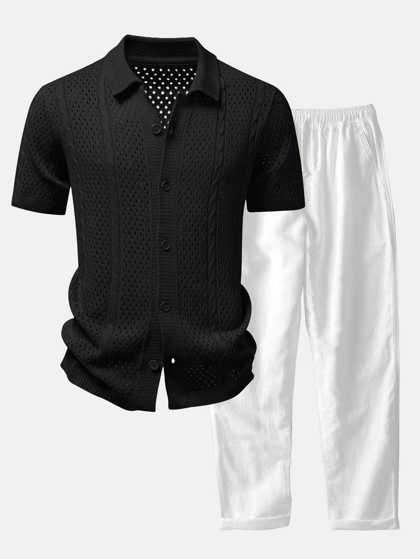 Open Knit Shirt & Straight Leg Linen Pants