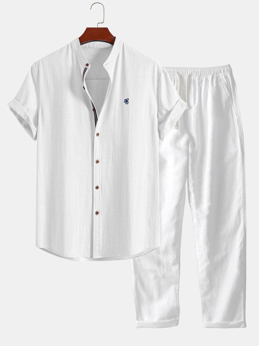 Short Sleeve Linen Look Stand Collar Shirt & Straight Leg Linen Pants
