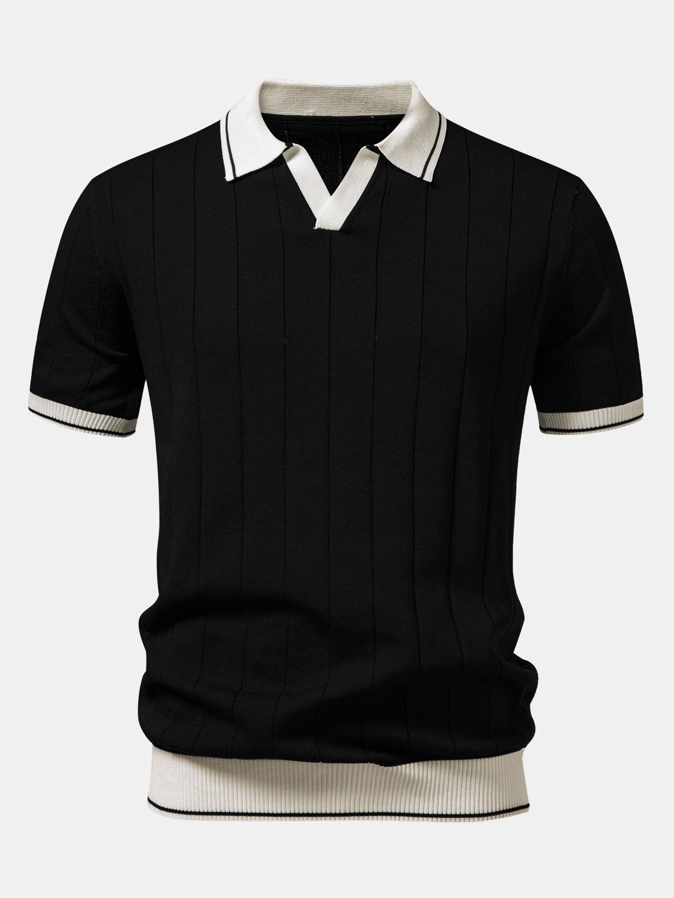 Contrast Trim Ribbed Johnny Collar Knit Polo & Slim Fit Tapered Trousers
