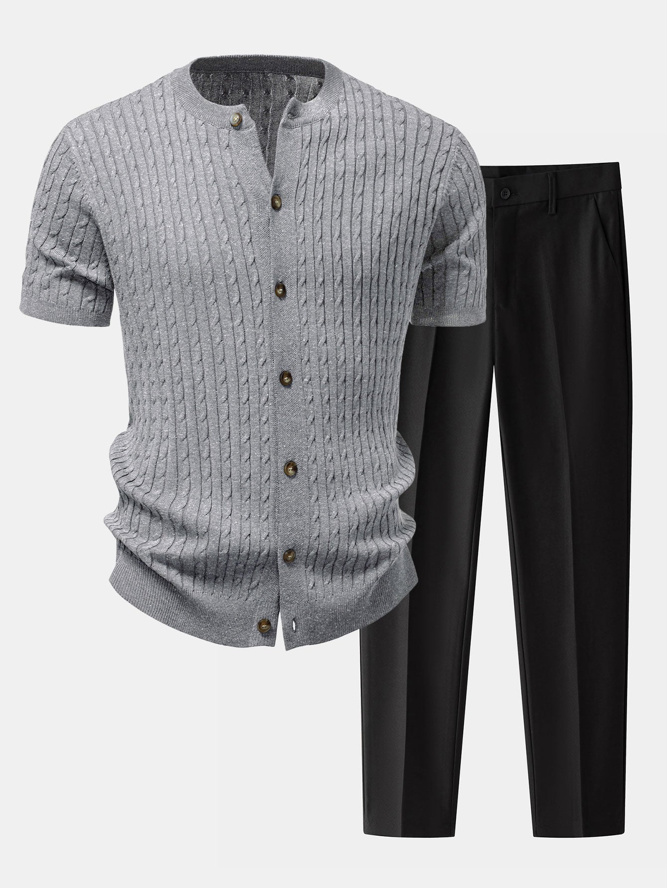 Twisted Jacquard Crew Neck Button Up Knit Shirt & Slim Fit Tapered Trousers