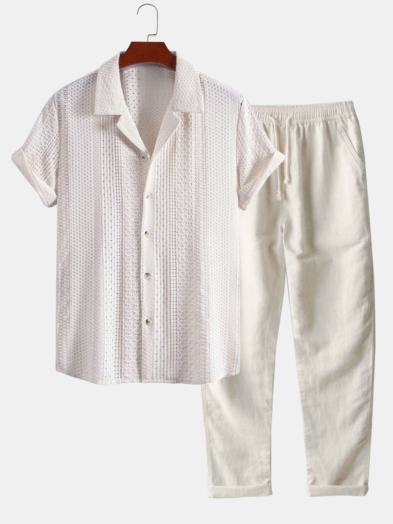 Geometric Jacquard Cuban Collar Shirt & Straight Leg Linen Pants
