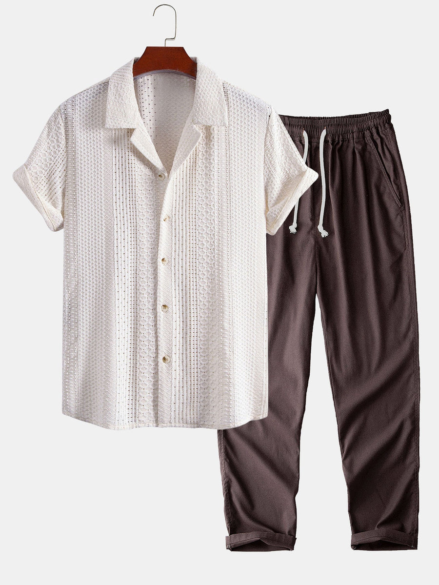 Geometric Jacquard Cuban Collar Shirt & Straight Leg Linen Pants