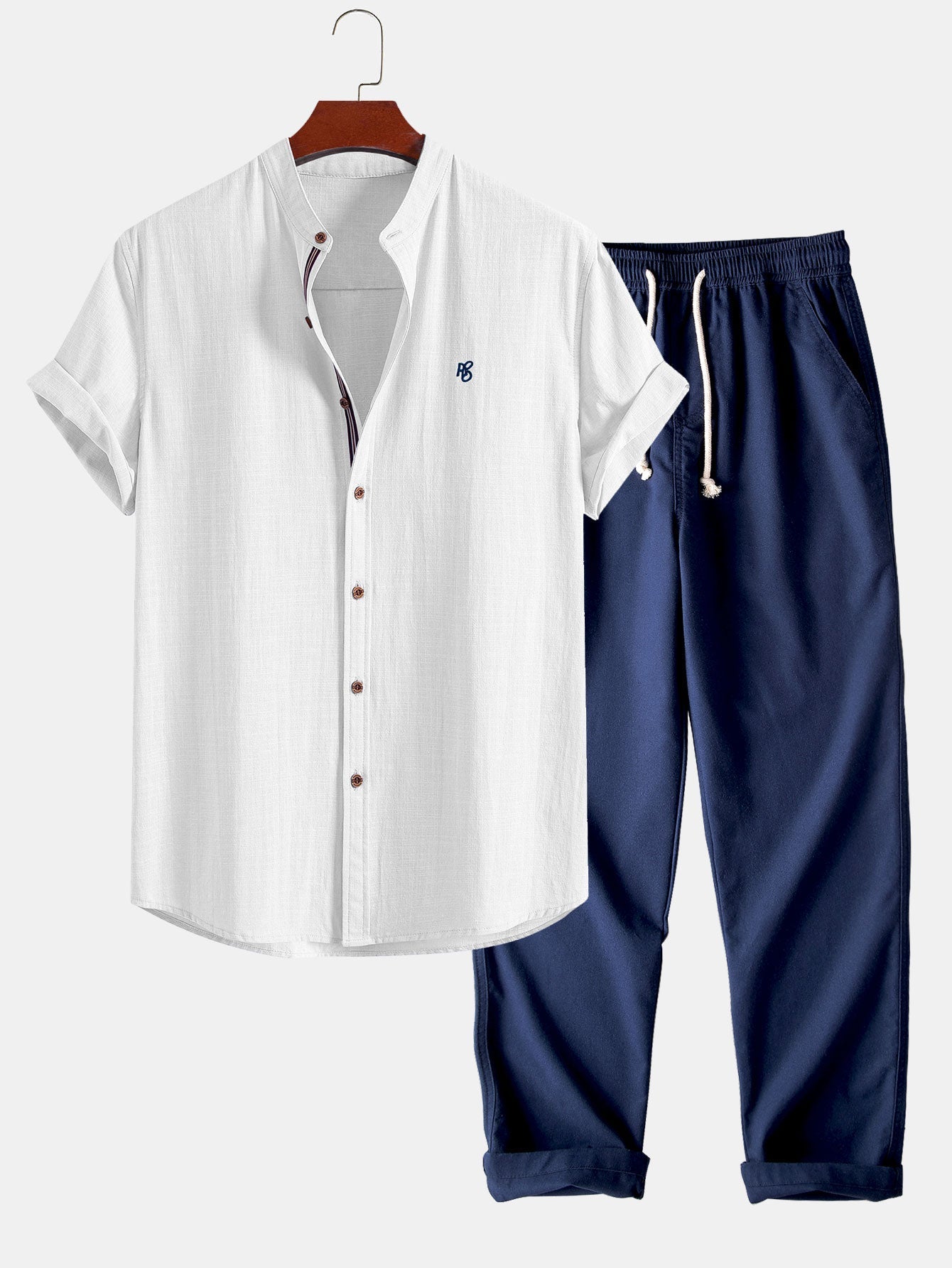 Short Sleeve Linen Look Stand Collar Shirt & Straight Leg Linen Pants