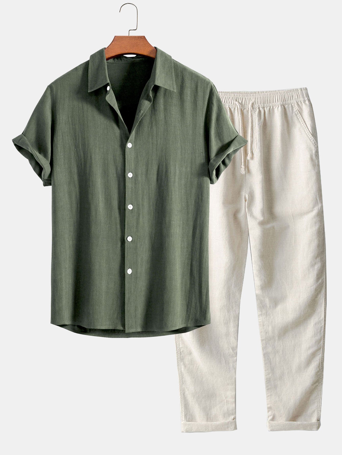 Linnen Rayon Mix Knopen Shirt & Rechte Pijpen Linnen Broek