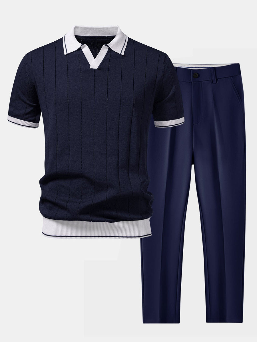Contrast Trim Ribbed Johnny Collar Knit Polo & Slim Fit Tapered Trousers