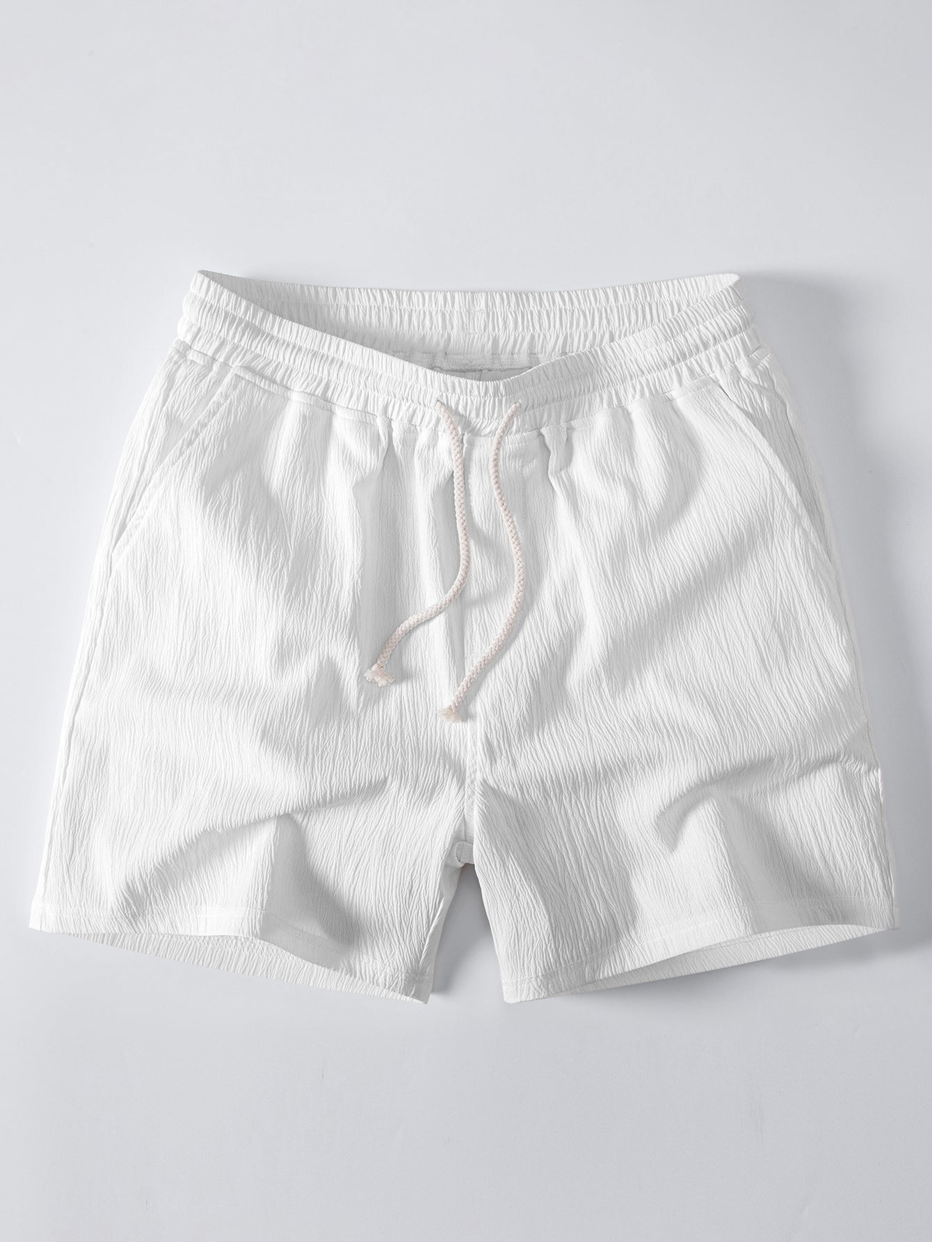 Relax Fit Crocheted V Neck Polo & Crinkle Textured Drawstring 5" Shorts