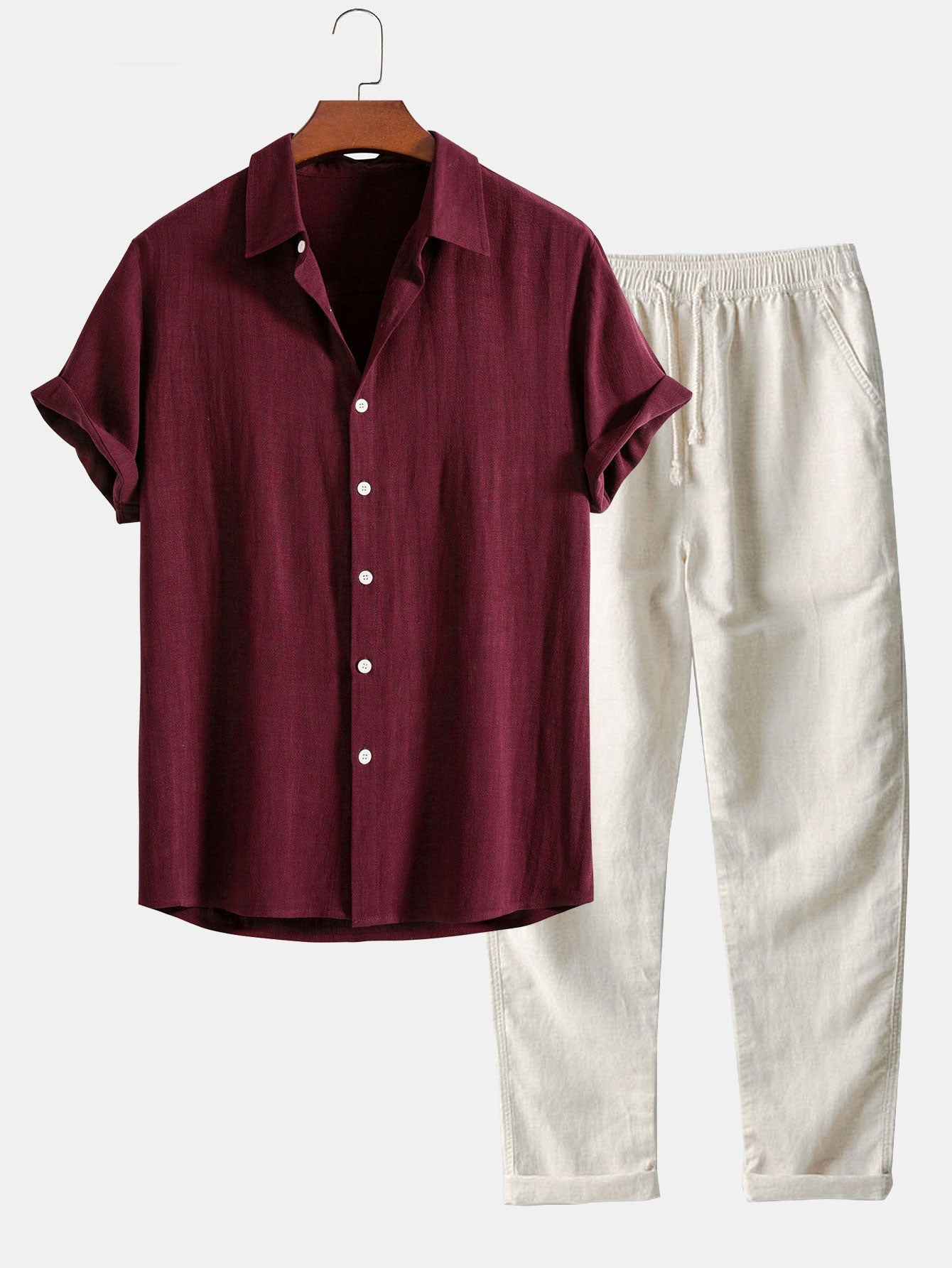 Linnen Rayon Mix Knopen Shirt & Rechte Pijpen Linnen Broek