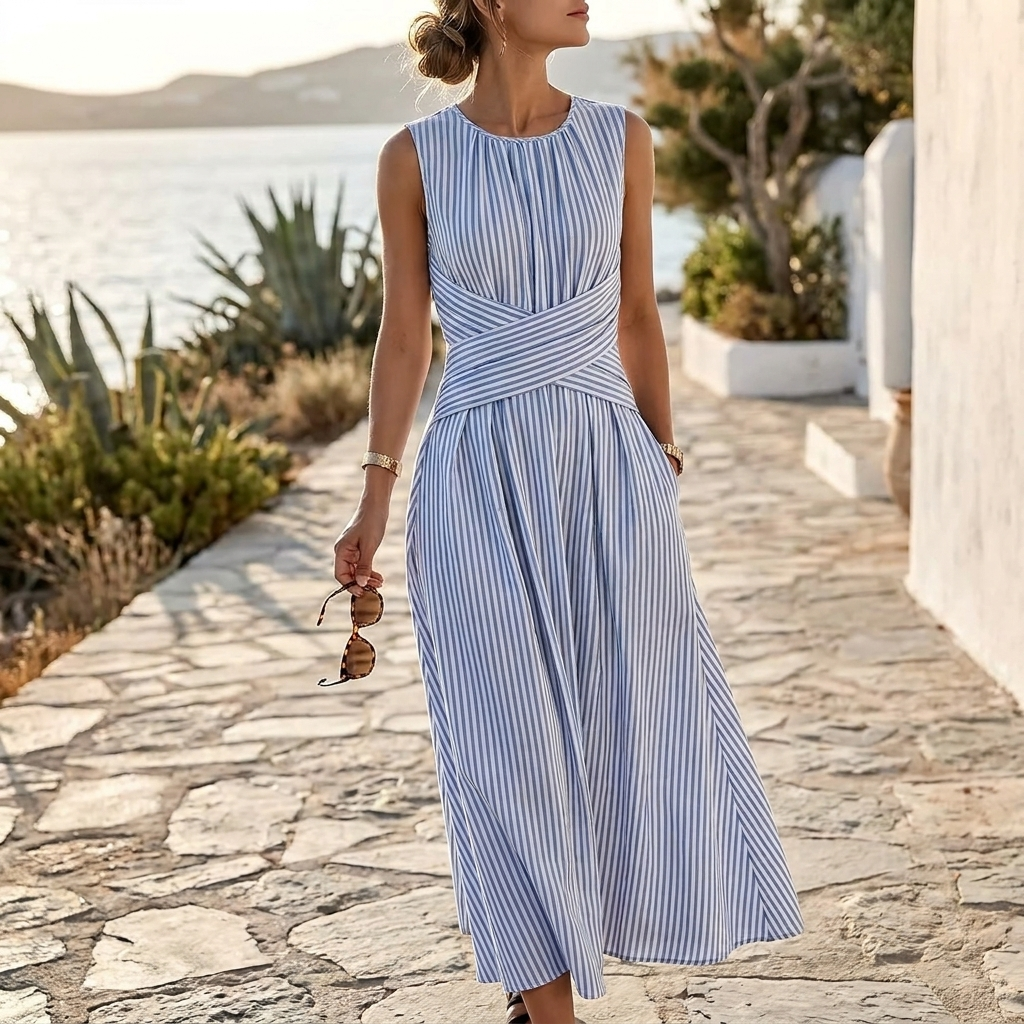 Bronte Stripe Midi Dress - styled view
