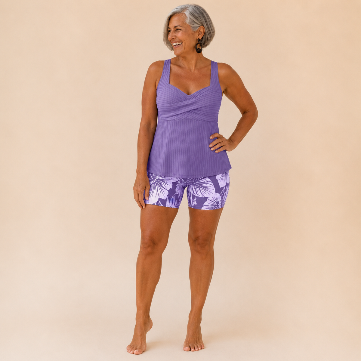 Sol | Ribbed Tankini with Long Floral Shorts