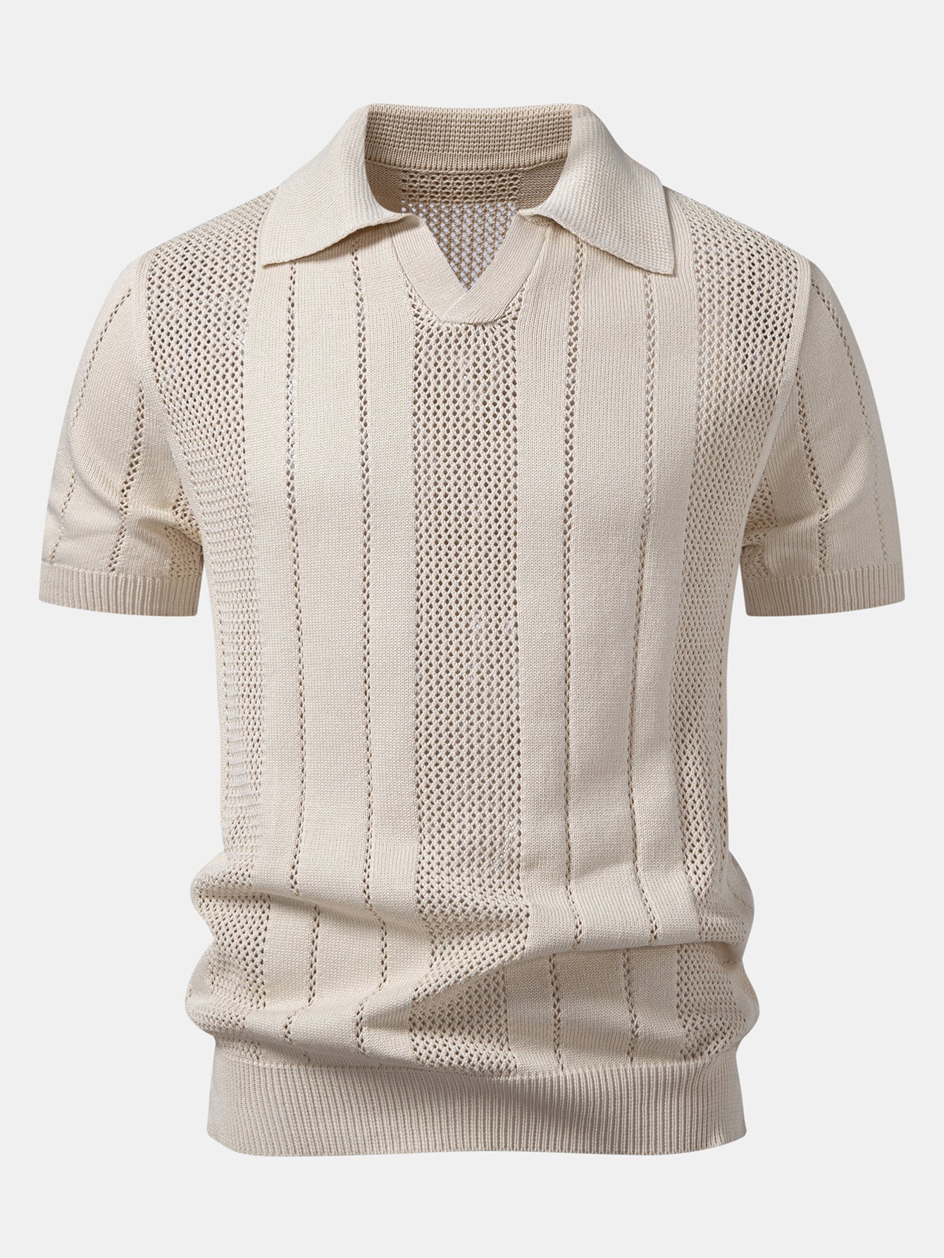 Johnny Collar Striped Open Knit Polo & Straight Leg Linen Pants
