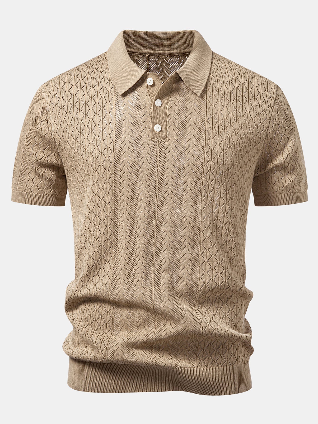 Geometric Jacquard Open Knit Polo & Crinkle Textured Straight Leg Pants