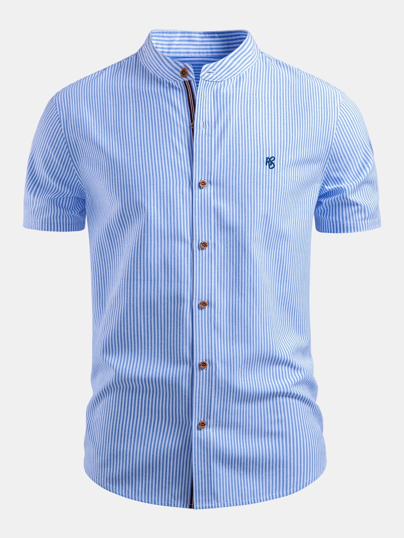 Short Sleeve Cotton Stripe Stand Collar Shirt & Straight Leg Linen Pants