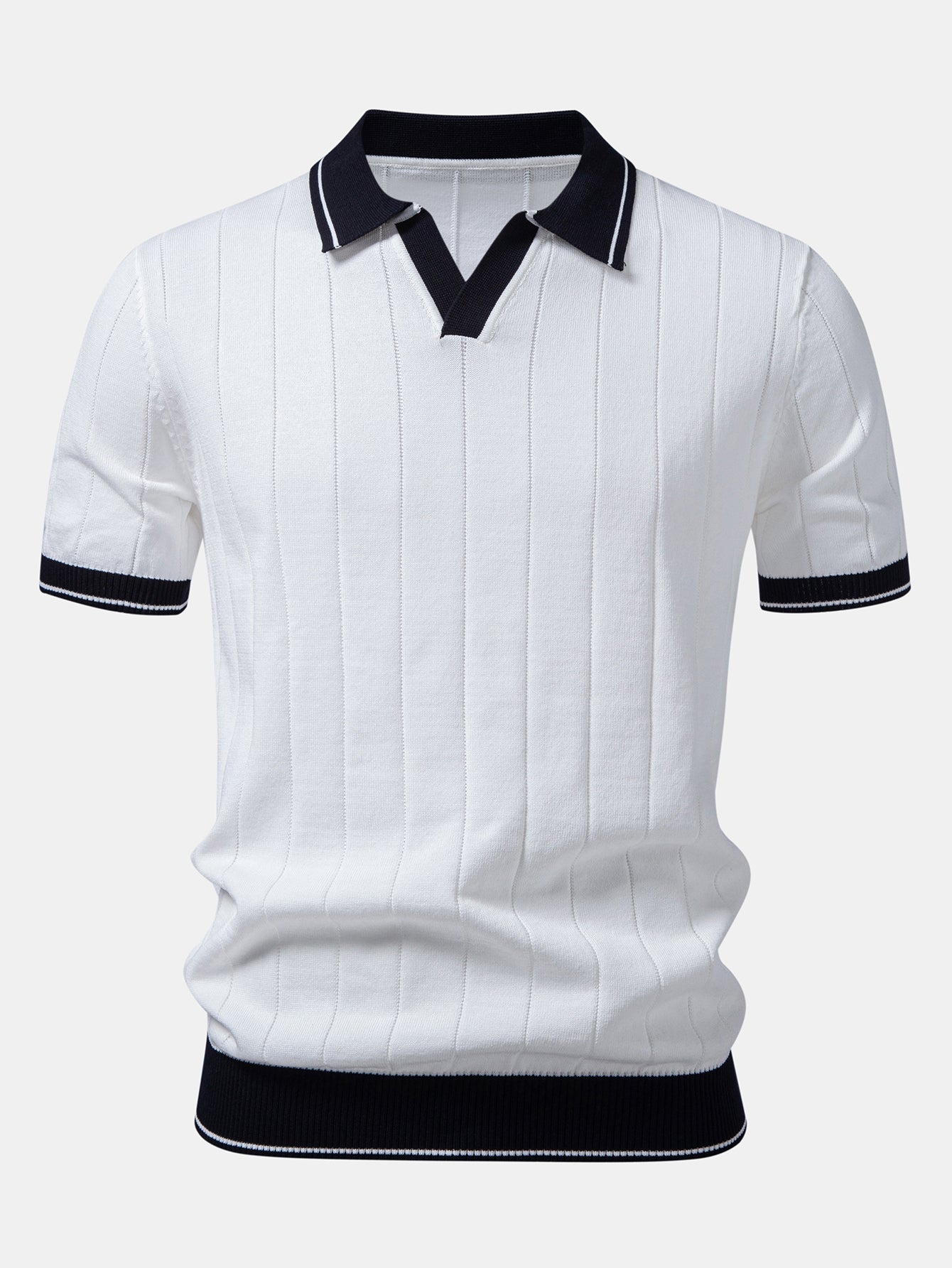 Contrast Trim Ribbed Johnny Collar Knit Polo & Elastic Waist Straight Leg Trousers