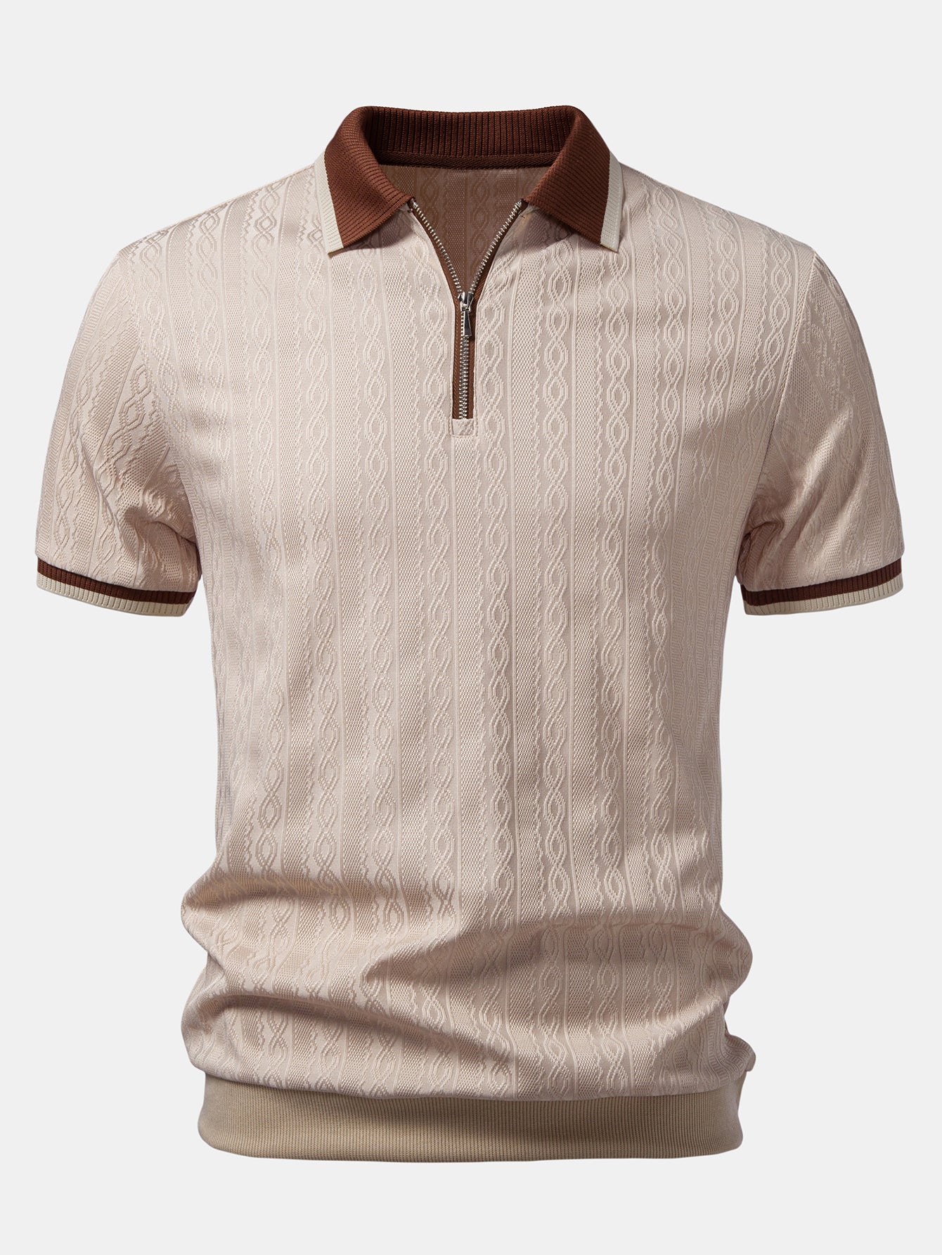 Contrast Trim Textured Zipper Knit Polo & Elastic Waist Straight Leg Trousers