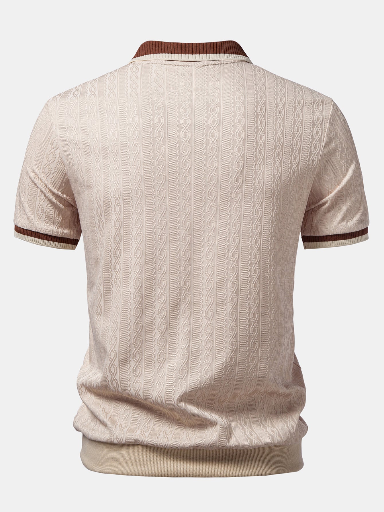 Contrast Trim Textured Zipper Knit Polo & Elastic Waist Straight Leg Trousers