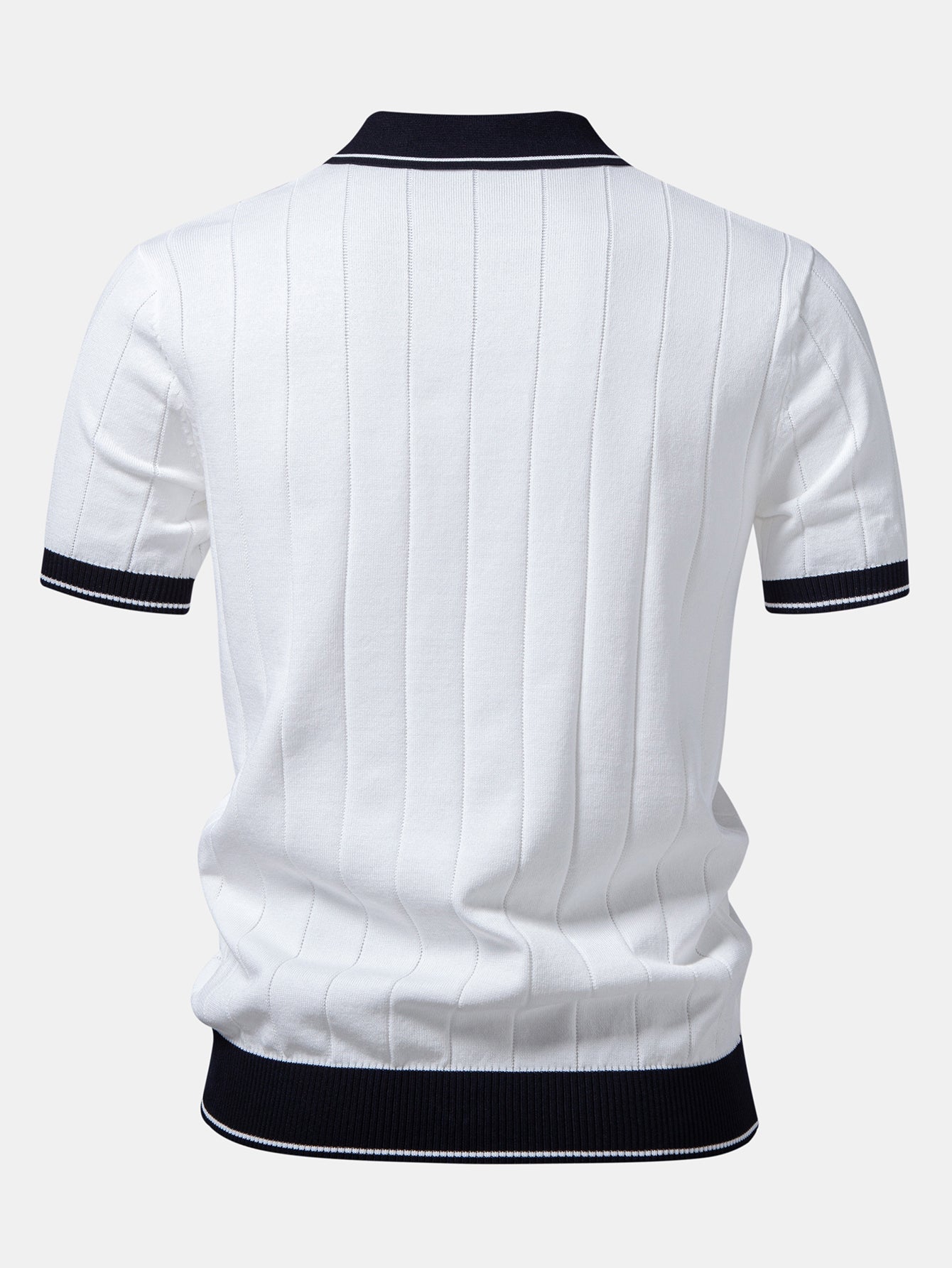 Contrast Trim Ribbed Johnny Collar Knit Polo & Elastic Waist Straight Leg Trousers