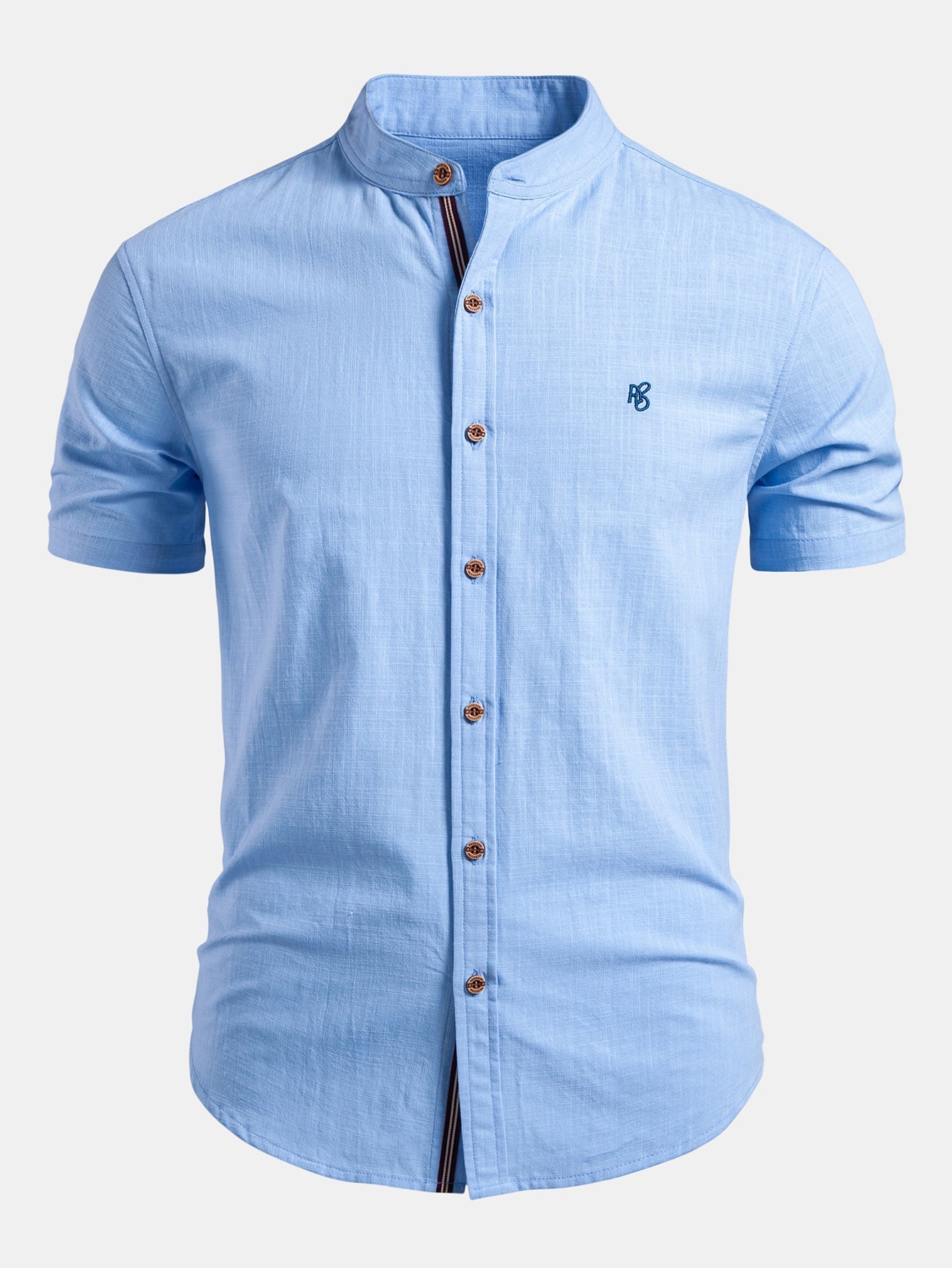 Short Sleeve Linen Look Stand Collar Shirt & Crinkle Textured Straight Leg Pants