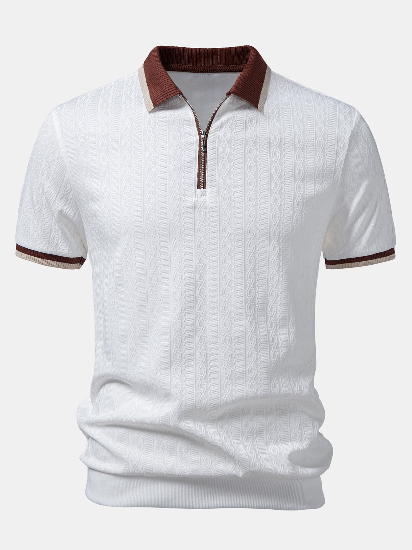 Contrast Trim Textured Zipper Knit Polo & Elastic Waist Straight Leg Trousers