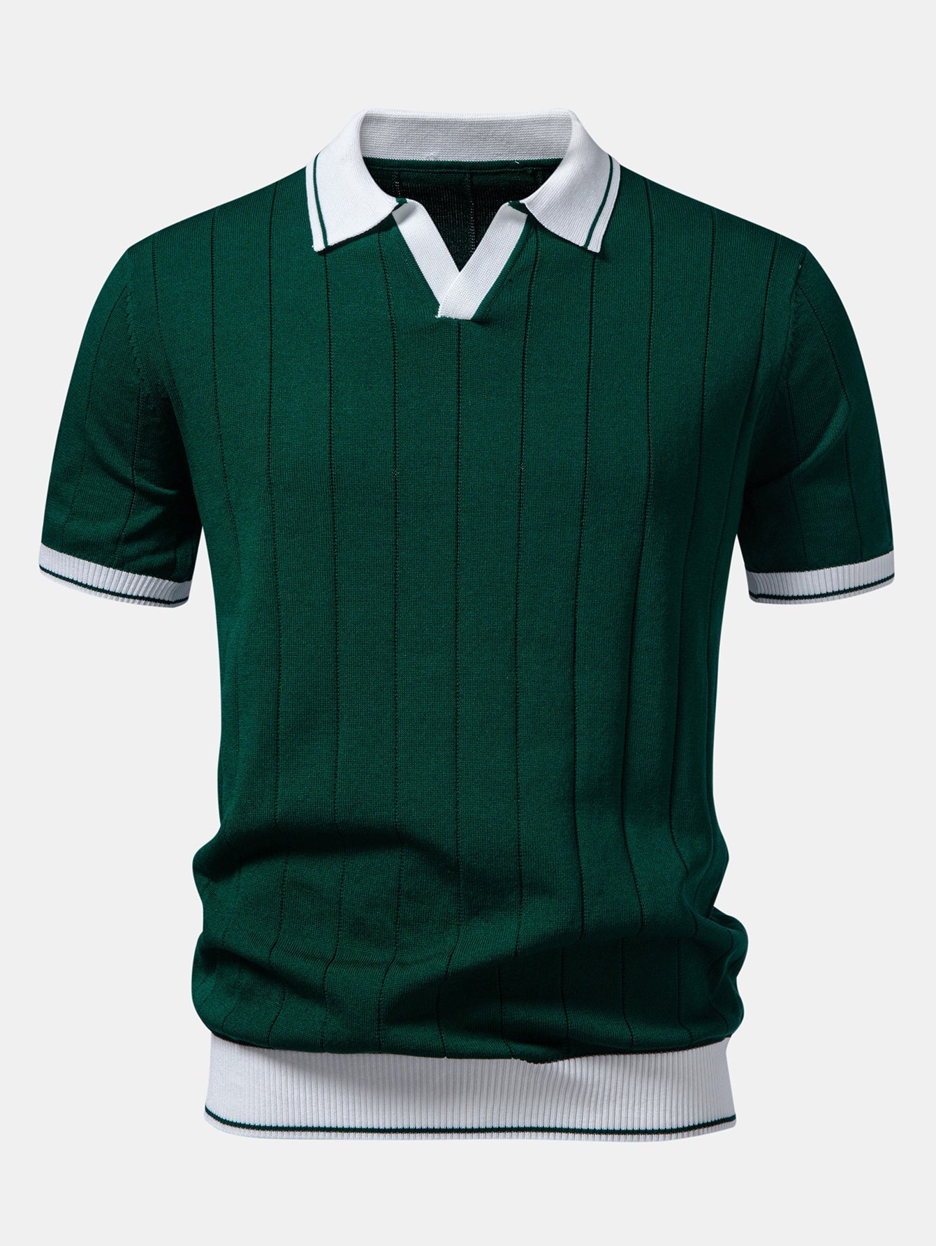 Contrast Trim Ribbed Johnny Collar Knit Polo & Elastic Waist Straight Leg Trousers
