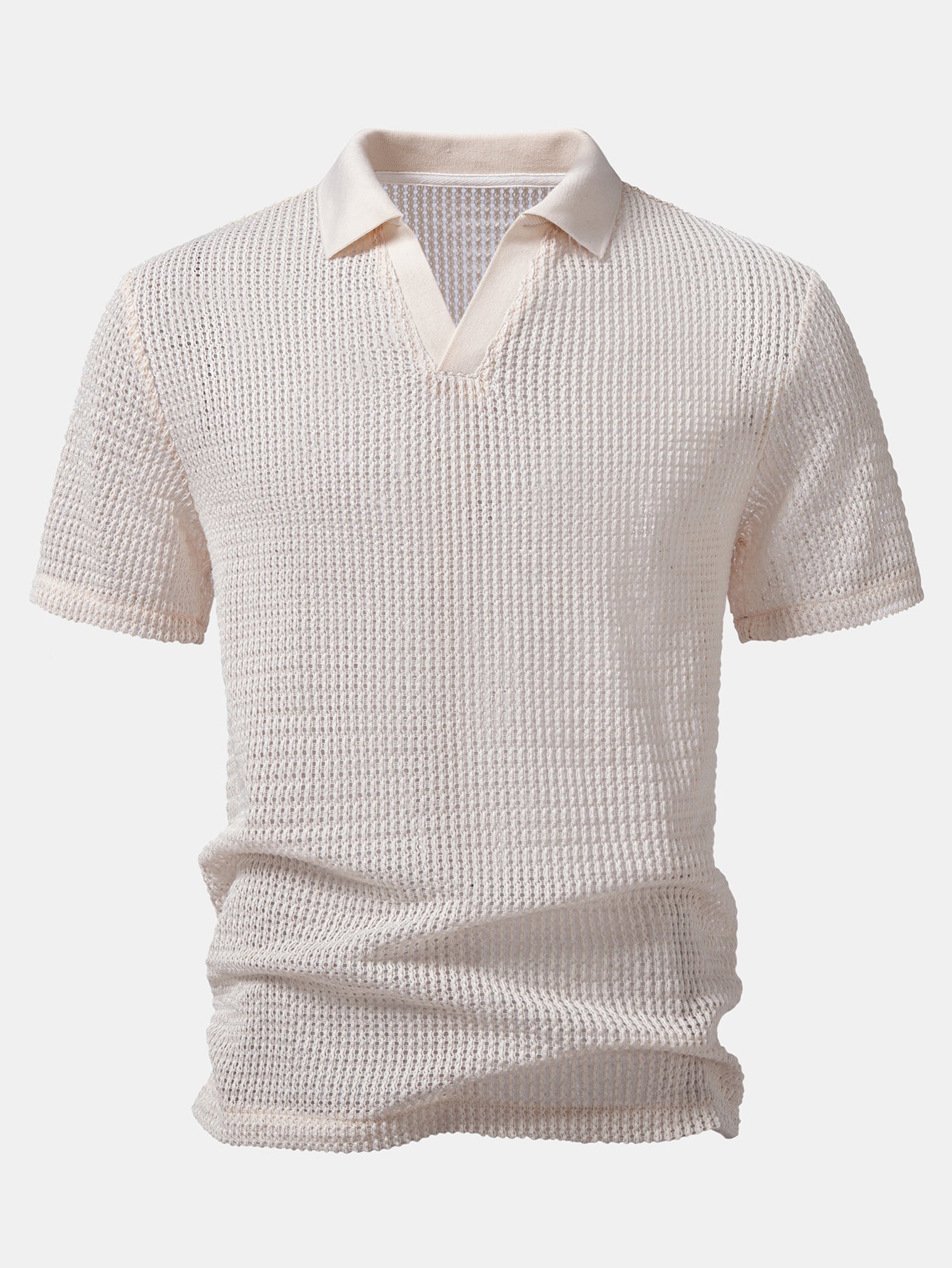 Relax Fit Crocheted V Neck Polo & Crinkle Textured Drawstring 5" Shorts