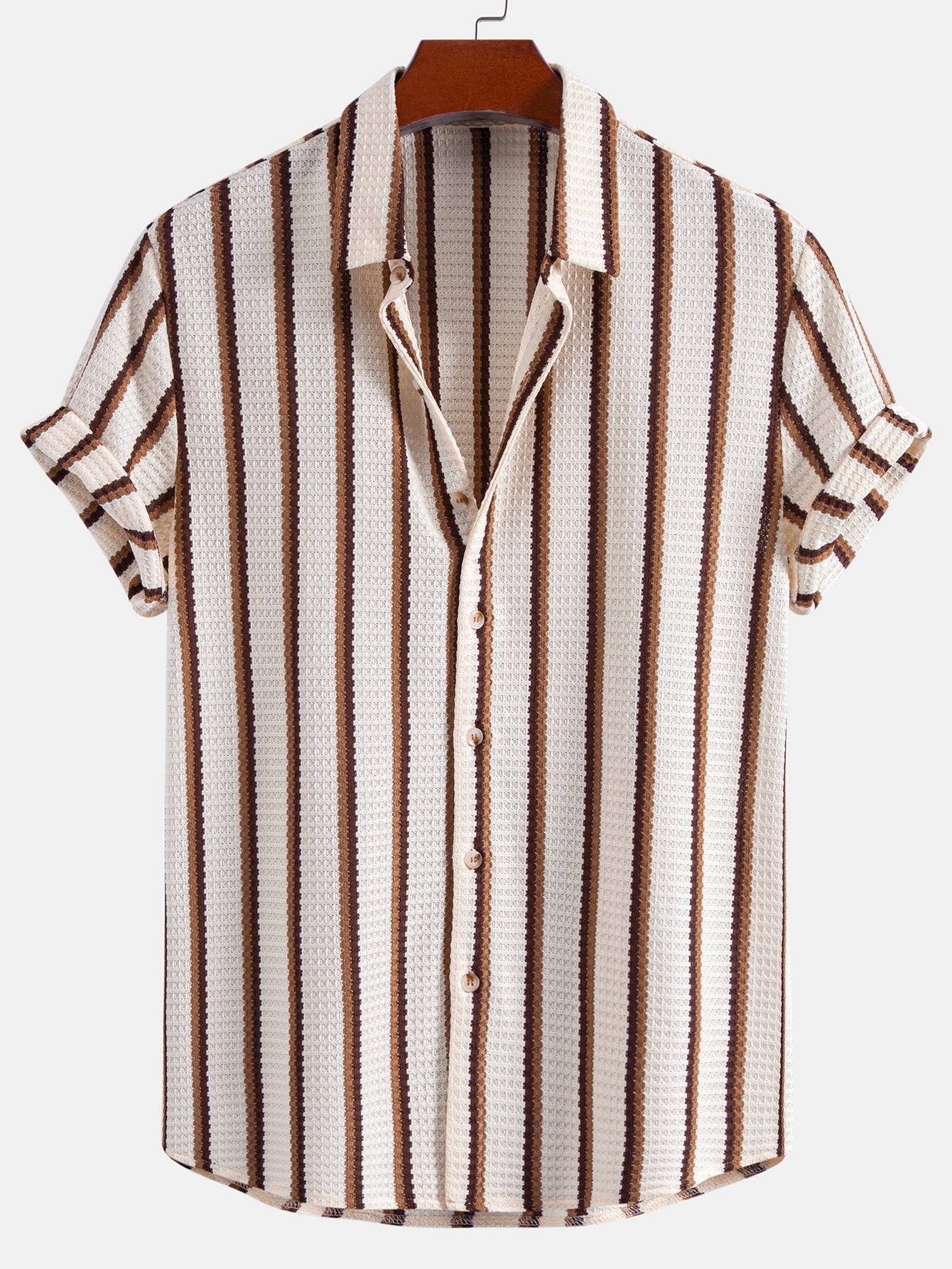 Stripe Waffle Button Up Shirt & Crinkle Textured Straight Leg Pants