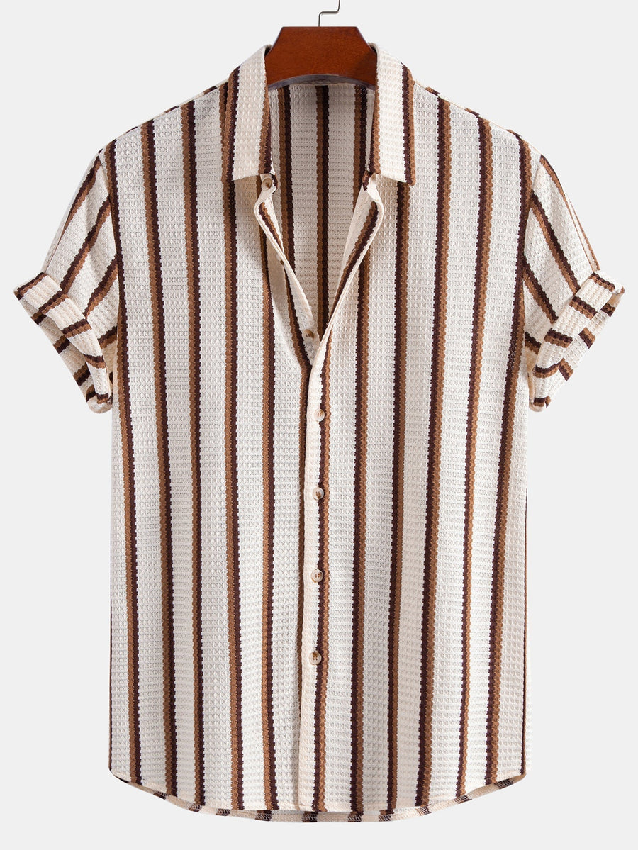 Stripe Waffle Button Up Shirt & Crinkle Textured Straight Leg Pants