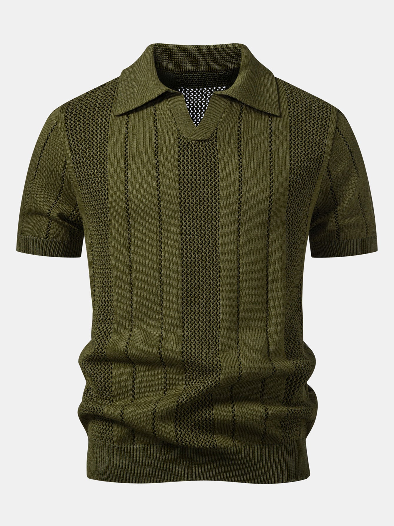 Johnny Collar Striped Open Knit Polo & Straight Leg Linen Pants