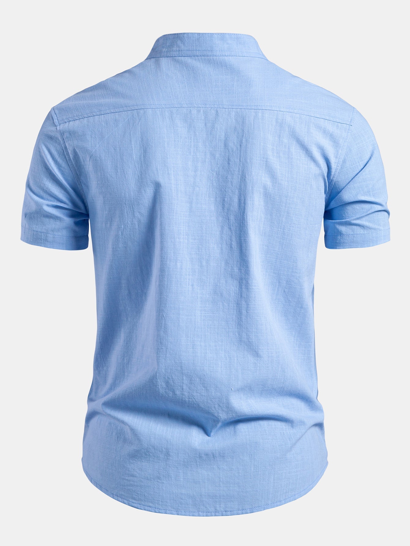Short Sleeve Linen Look Stand Collar Shirt & Crinkle Textured Straight Leg Pants