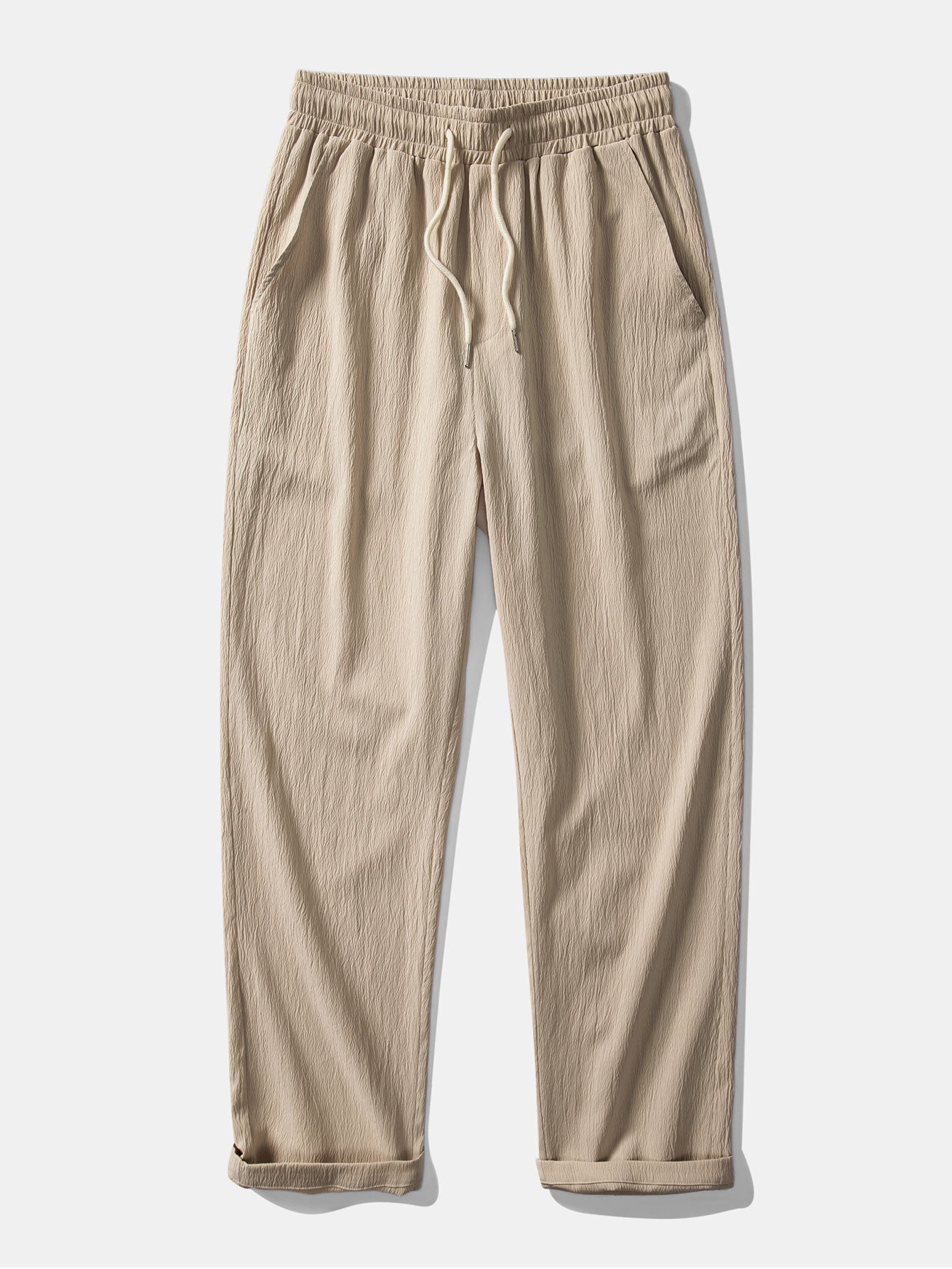 Short Sleeve Linen Look Stand Collar Shirt & Crinkle Textured Straight Leg Pants