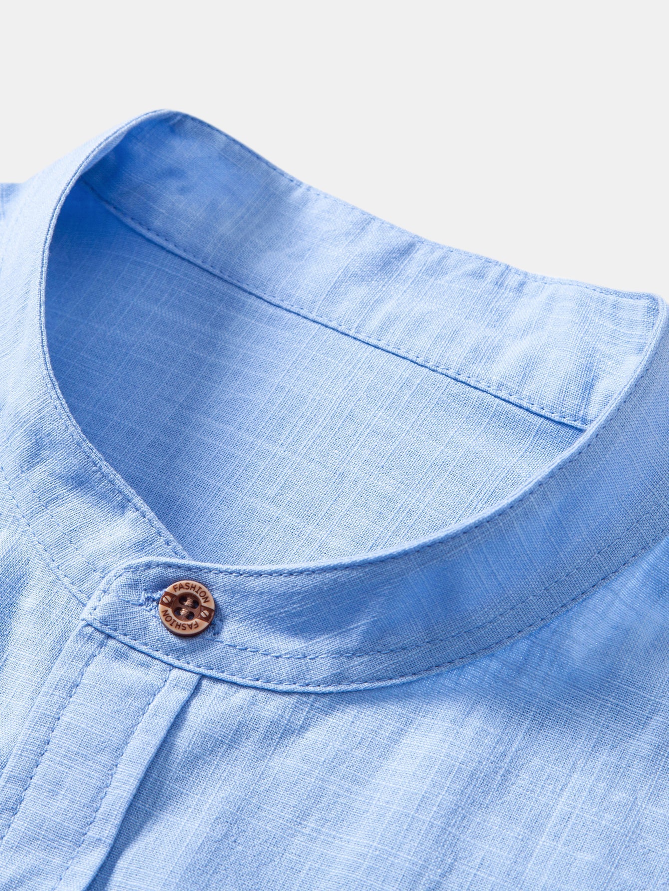 Short Sleeve Linen Look Stand Collar Shirt & Crinkle Textured Straight Leg Pants