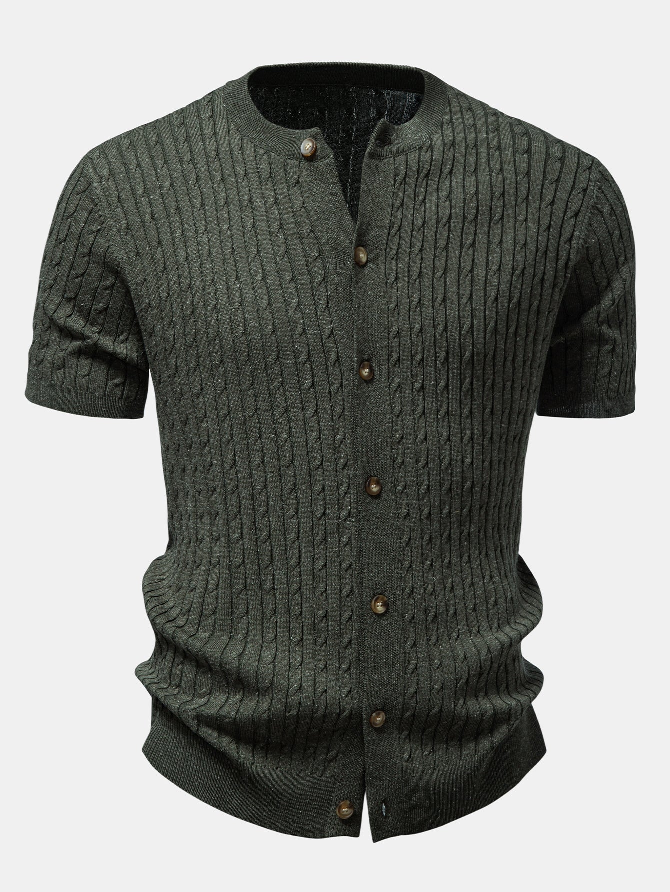 Twisted Jacquard Crew Neck Button Up Knit Shirt & Slim Fit Tapered Trousers