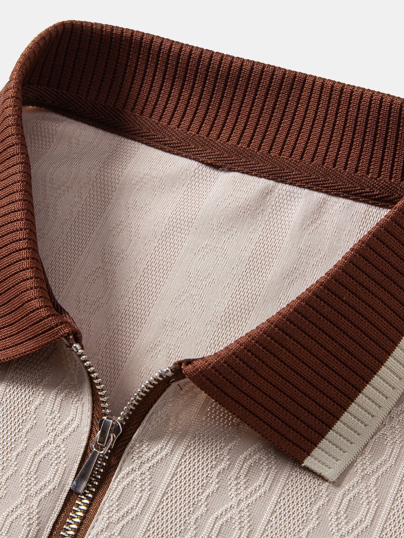 Contrast Trim Textured Zipper Knit Polo & Elastic Waist Straight Leg Trousers