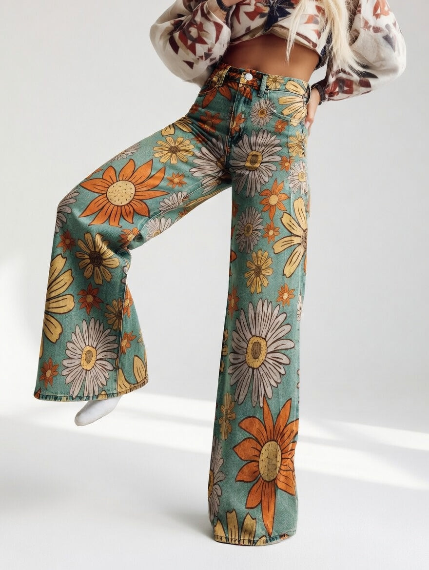Florivane - Retro Floral Wide-Leg Trousers