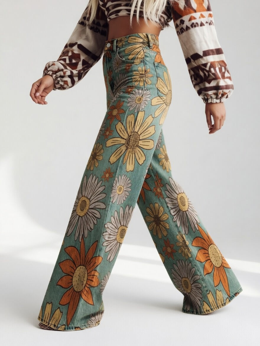 Florivane - Retro Floral Wide-Leg Trousers