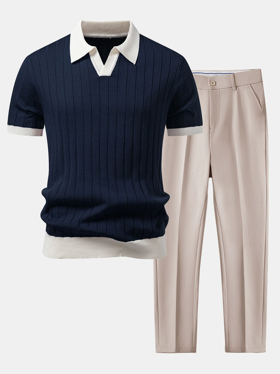 Contrast Trim Stripe Johnny Collar Polo & Slim Fit Tapered Trousers