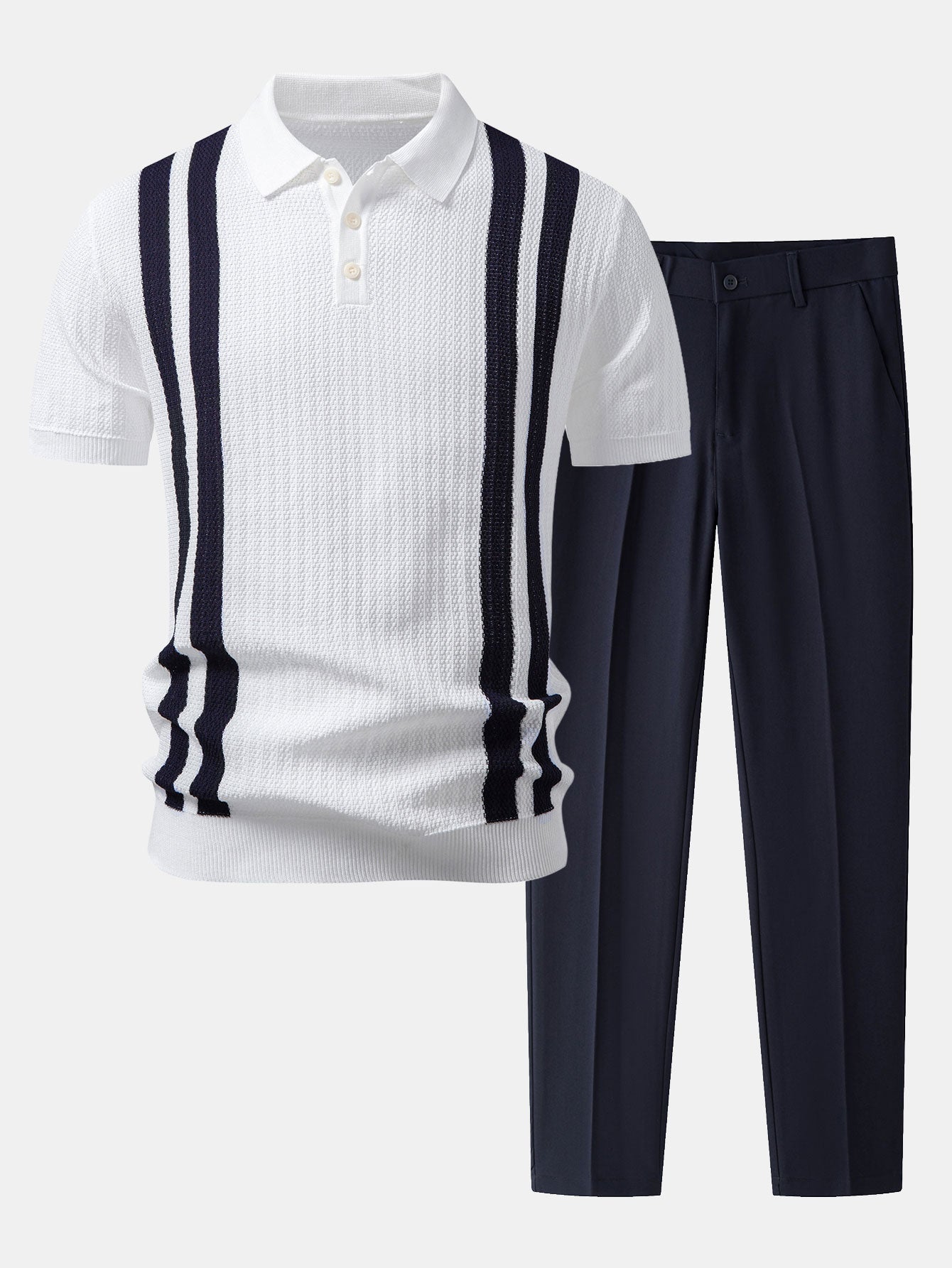 Contrast Textured Knit Polo & Slim Fit Tapered Trousers