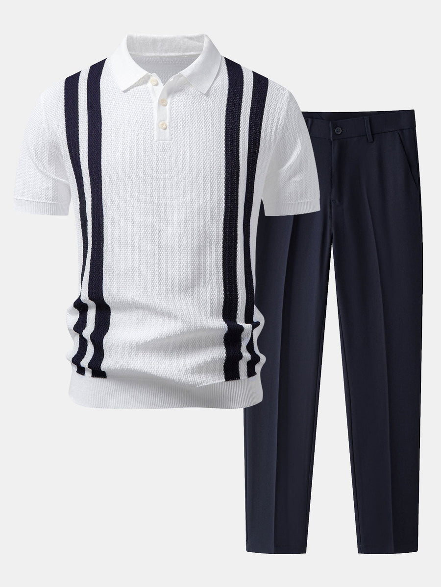 Contrast Textured Knit Polo & Slim Fit Tapered Trousers