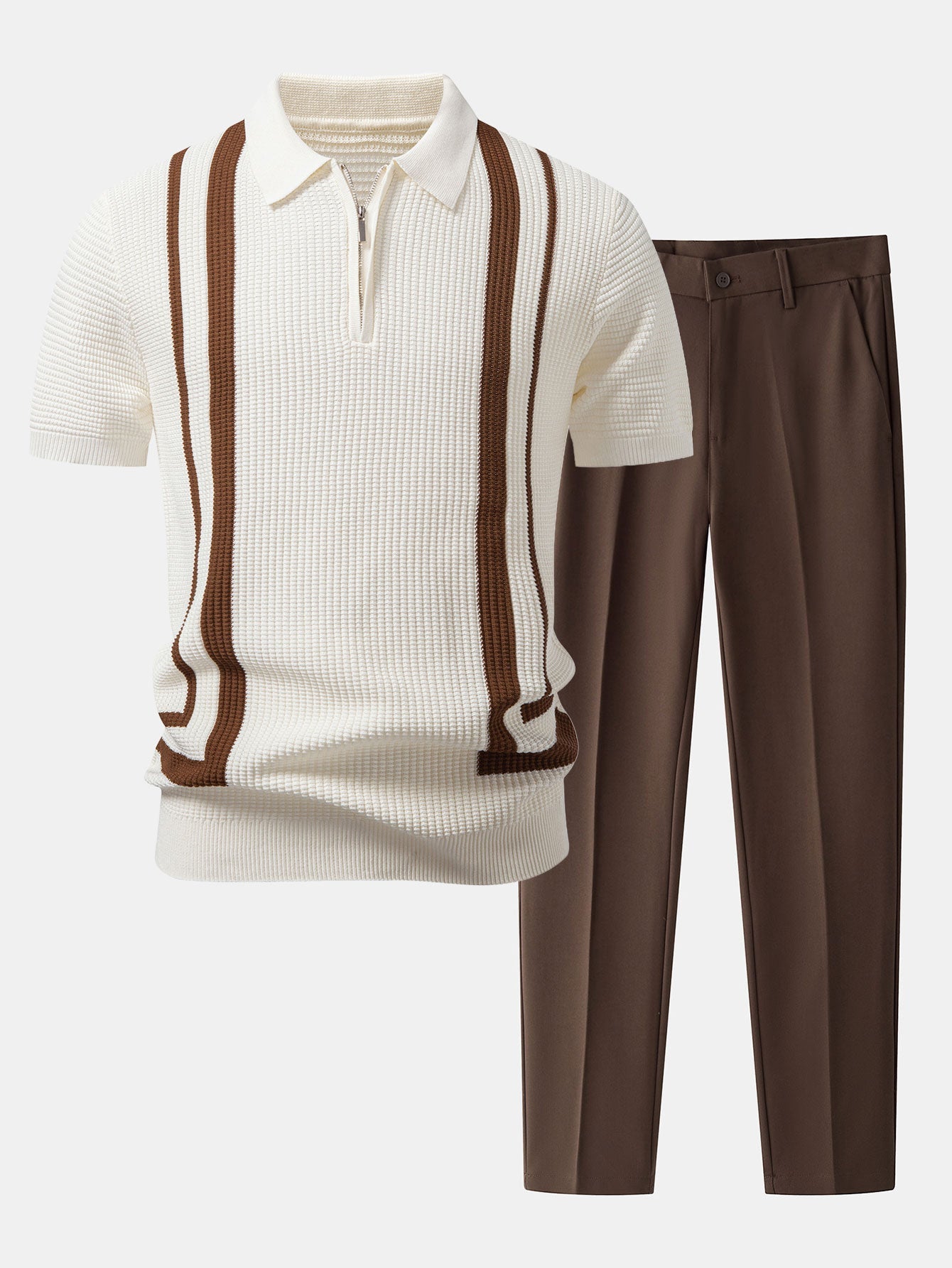 Contrast Waffle Zipper Knit Polo & Slim Fit Tapered Trousers