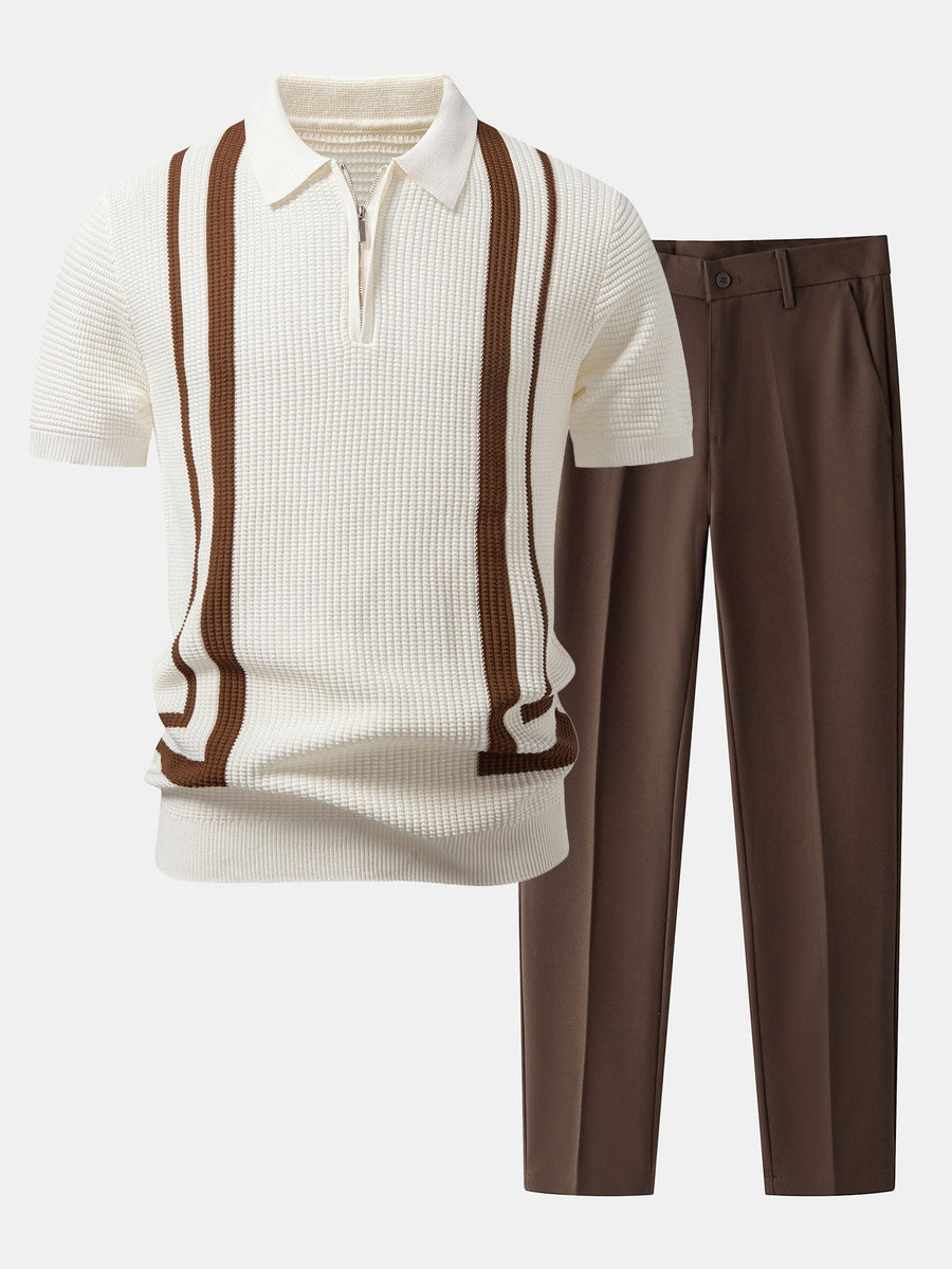 Contrast Waffle Zipper Knit Polo & Slim Fit Tapered Trousers