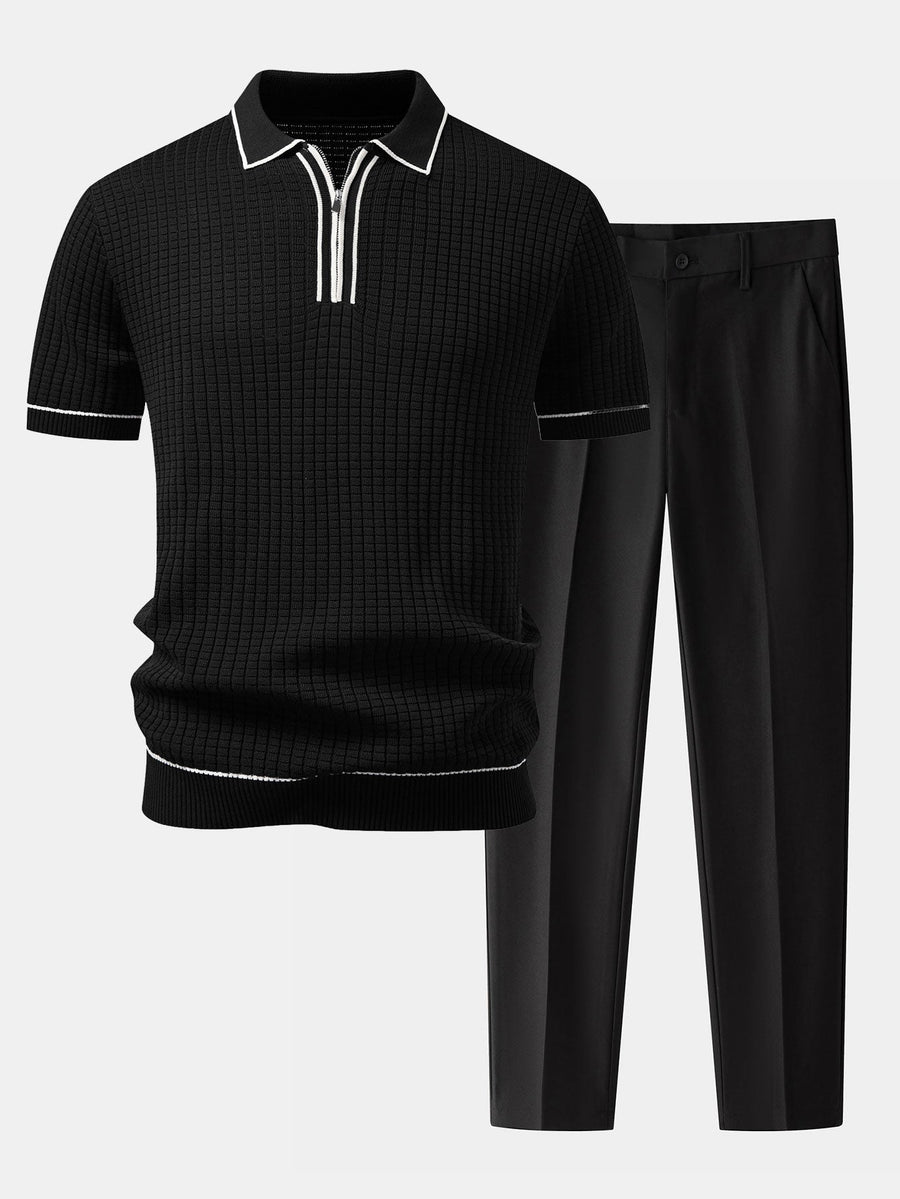 Contrast Trim Waffle Zipper Knit Polo & Slim Fit Tapered Trousers