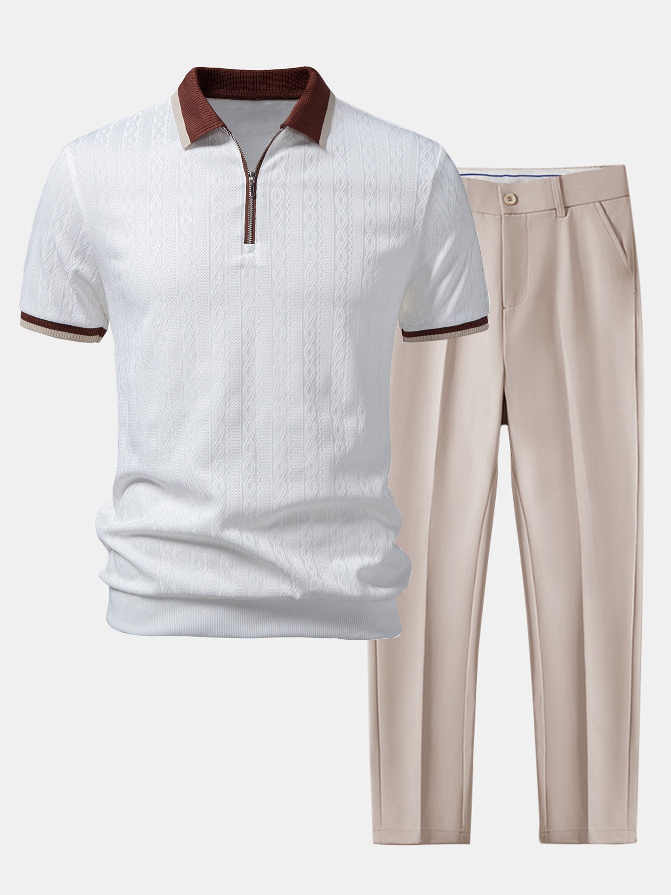 Contrast Trim Textured Zipper Knit Polo & Slim Fit Tapered Trousers