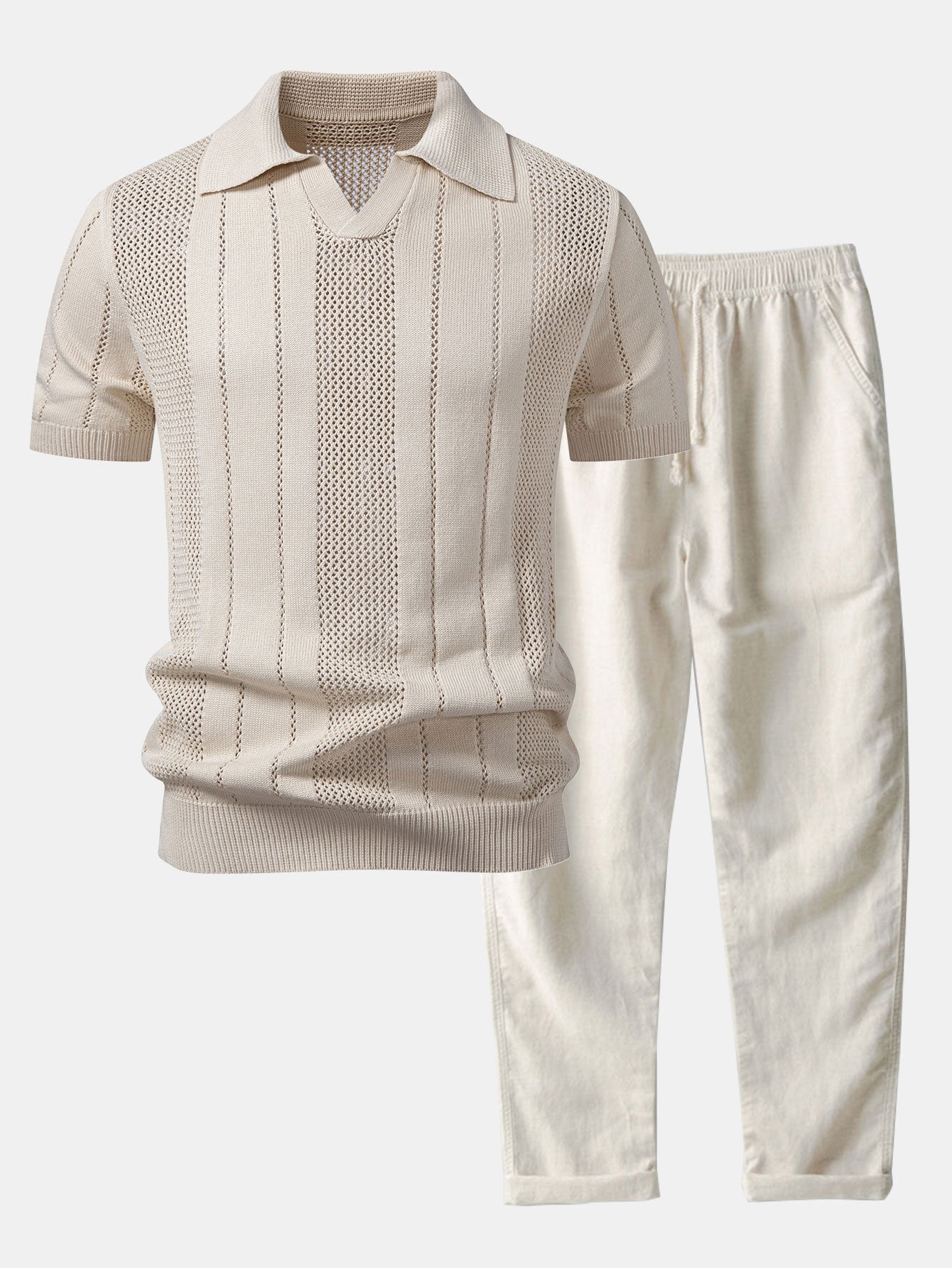 Johnny Collar Striped Open Knit Polo & Straight Leg Linen Pants