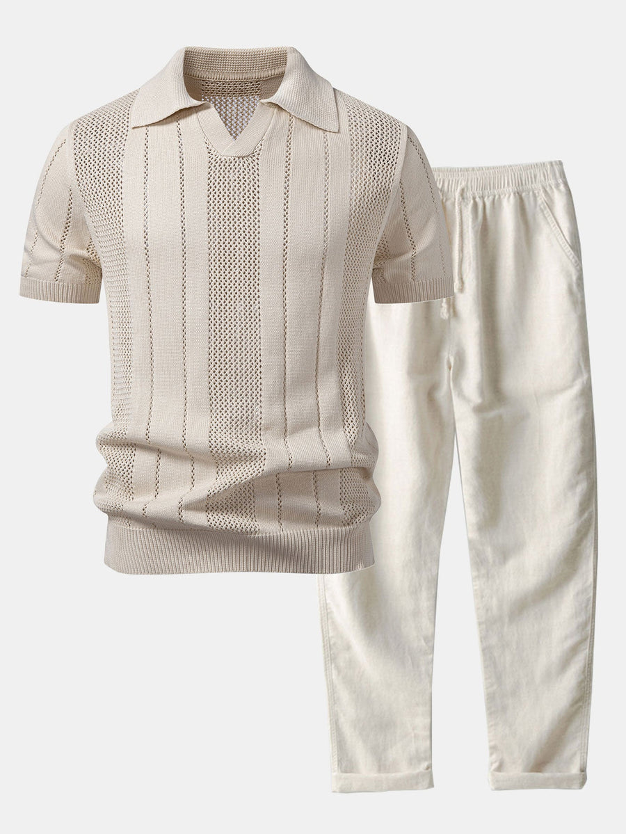 Johnny Collar Striped Open Knit Polo & Straight Leg Linen Pants