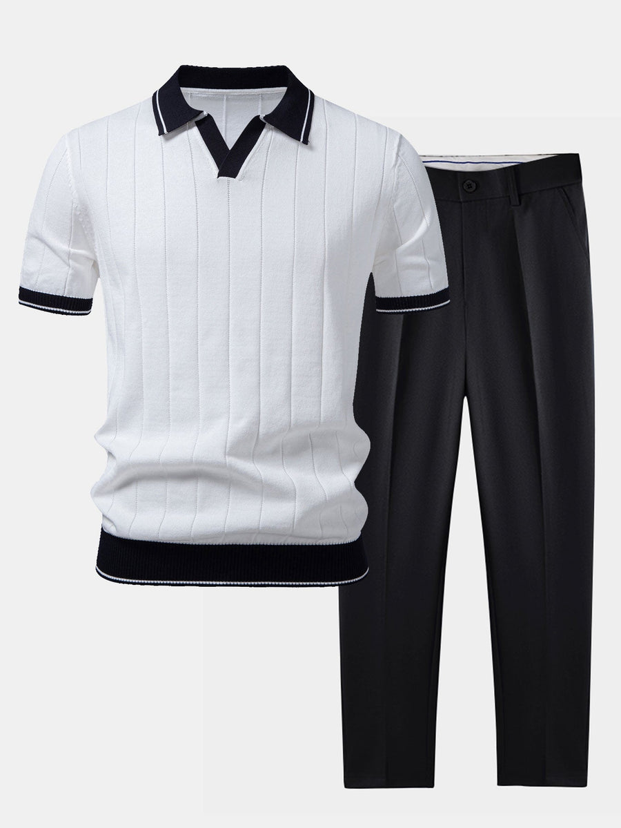 Contrast Trim Ribbed Johnny Collar Knit Polo & Slim Fit Tapered Trousers