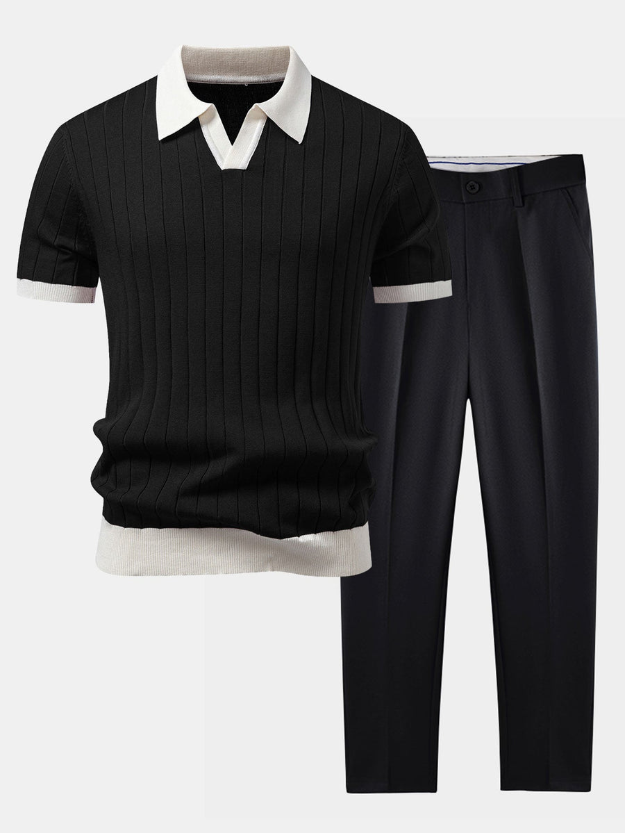 Contrast Trim Stripe Johnny Collar Polo & Slim Fit Tapered Trousers